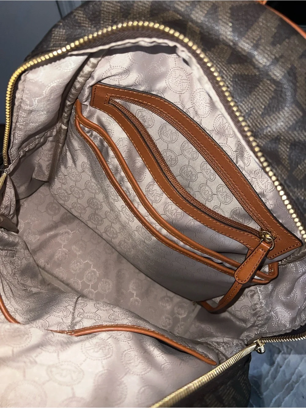 Michael Kors Brown MK Monogram Backpack with Tan Trim